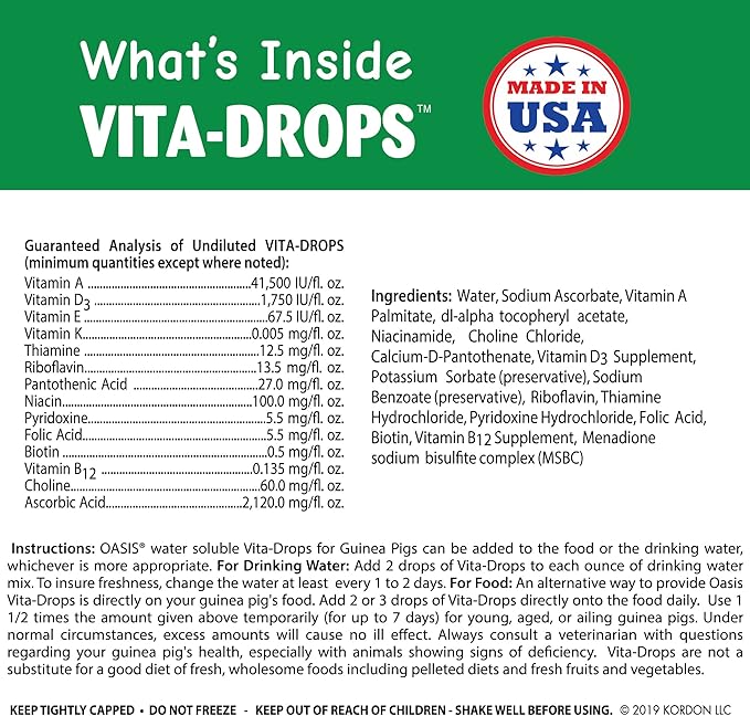 Oasis Guinea Pig Vitamins Vita Drops All-in-1 Multivitamins - Daily Vitamin Supplement Supports Healthy Bones & Teeth, Joints & Digestion, Promotes Healthy Skin Coat, 16-Ounces