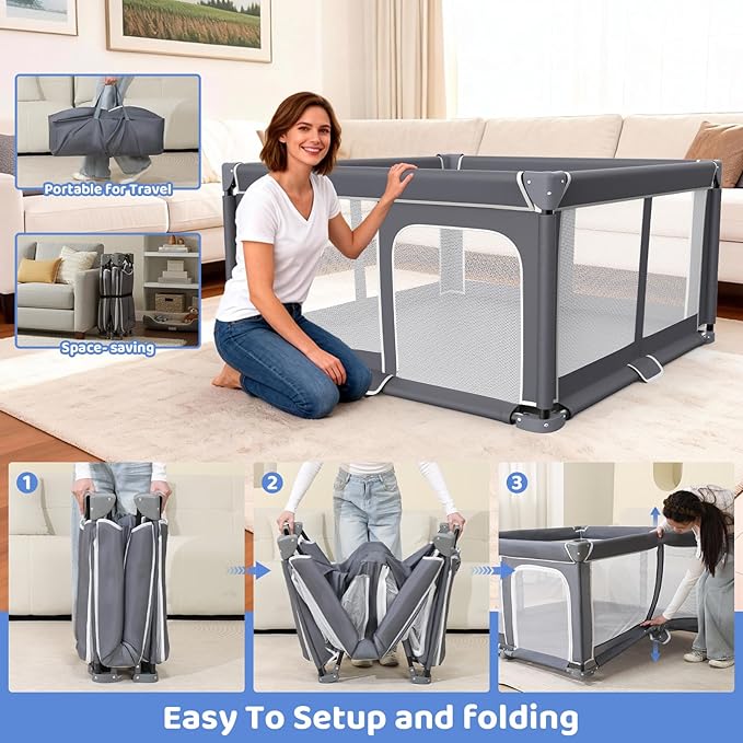 Foldable Baby Playpen with Mat, 50"x50" Safety Play Yard for Babies & Toddlers - Indoor & Outdoor Use with Carry Bag - Collapsible, Portable Play Yard, Dark Gray