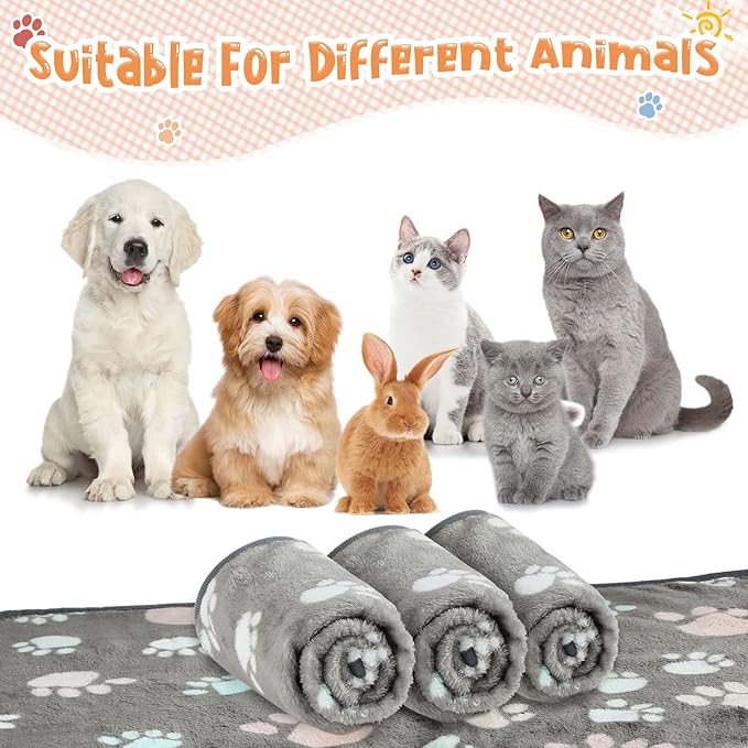 Tatuo 4 Pack Fleece Dog Blankets for Puppy Cats Multi-Size Sleep Mat for Pet Guinea Pig Soft Washable Warm Crate Bed Puppy Teething Toys Print Pattern Blanket Indoor(Dark Gray,41 x 30 Inch,Paw)