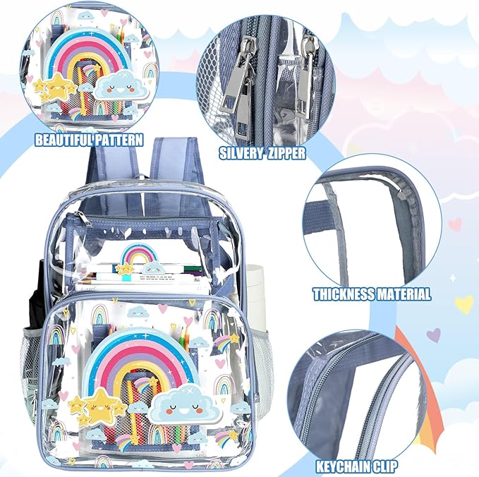 Kacctyen 3 Pcs Clear Backpack Heavy Duty Clear Stadium Bag Transparent Backpack with Lunch Bag(Blue Purple,Rainbow)