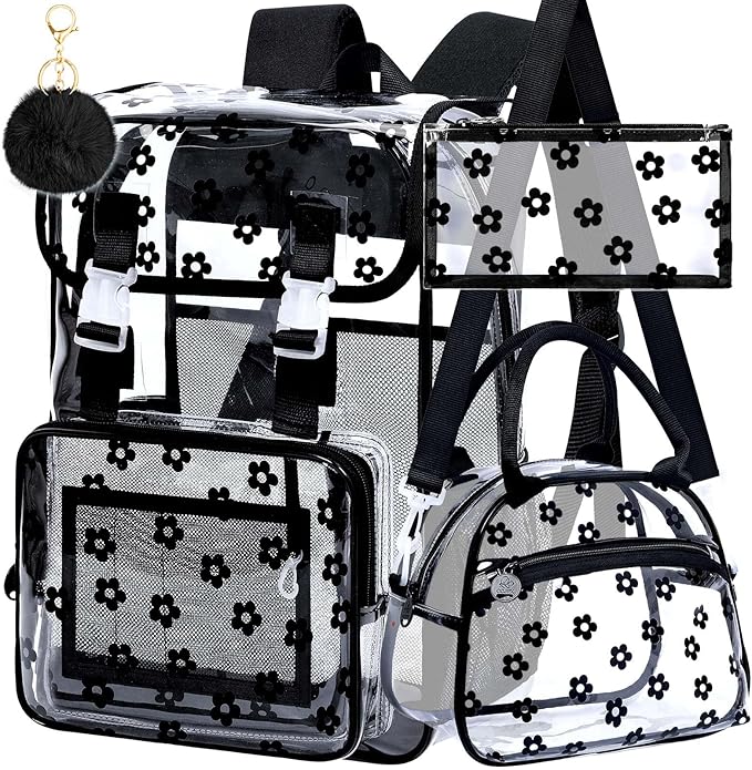 17" Plum Blossom Clear Backpack for Girls - 3Pcs Flip Design Stadium Approved Set, Campus/School Transparent Bookbag (Black)
