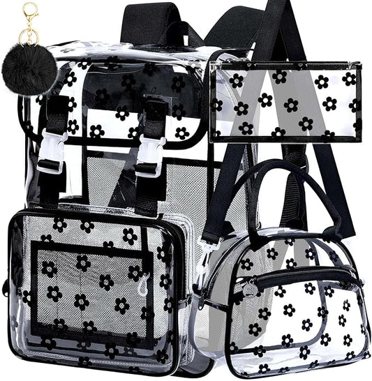 17" Plum Blossom Clear Backpack for Girls - 3Pcs Flip Design Stadium Approved Set, Campus/School Transparent Bookbag (Black)