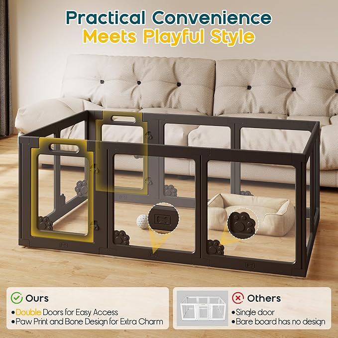 Albott Acrylic Clear Dog Playpen Indoor, Modular Puppy Cat Small Pet Play Pen with 2 Doors, Transparent Fence for Little Dogs, Cats, Rabbits, Easy Assemble and Disassemble, Black (24" H, 10 pcs)