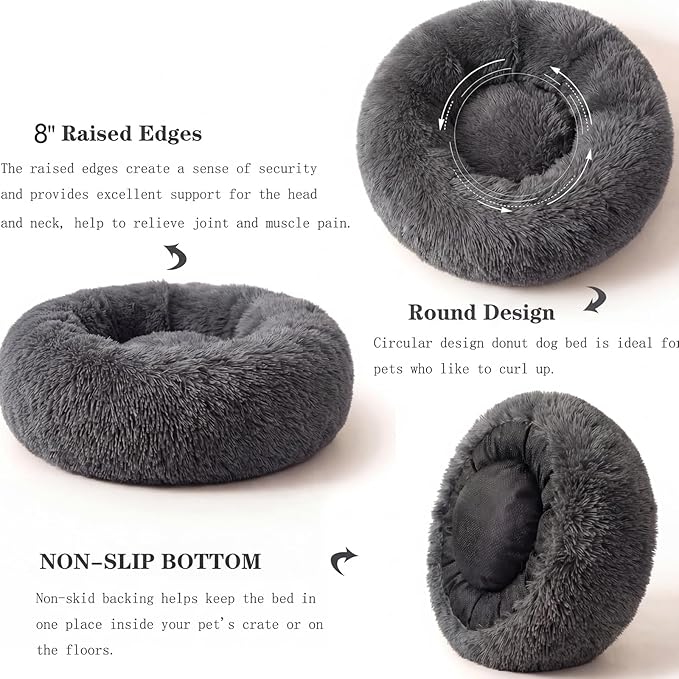 Calming Donut Dogs Beds for Medium Dogs up to 45 lb,30inch Anti-Slip Plush Round Dog Bed with Raised Rim,Fluffy Faux Fur Pet Bed for Cozy Sleep,Dark Grey