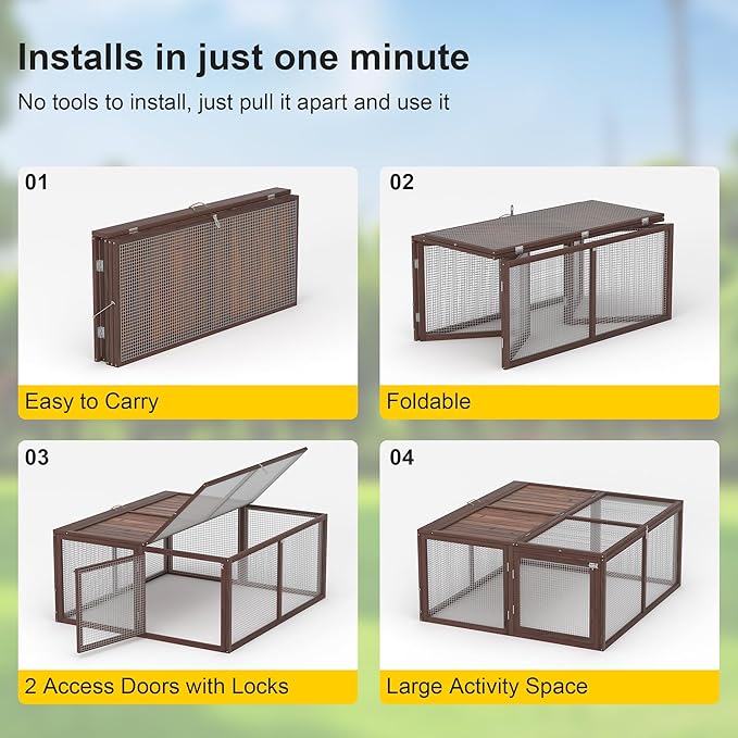 Chicken Coop, Wooden Rabbit Hutch Outdoor Indoor Folding Bunny Cage with Handle Portable Chicken Run with Top & Side Opening Doors Small Animal Playpen No Assembly Pet Poultry Cage for Bunny(Brown)