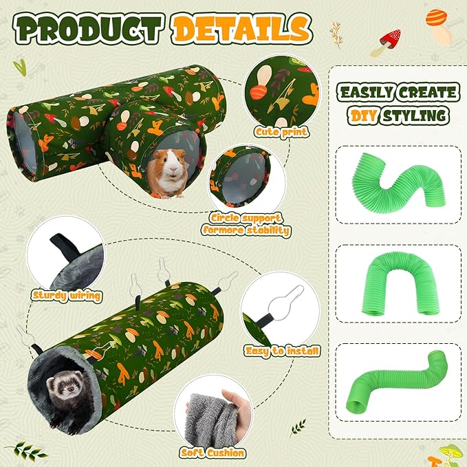 Geelin 5 Pcs Guinea Pig Tunnel Rat Hideout Guinea Pig Hideout 3 Way Ferret Tunnel Rabbit Bed with Curtains Plush Mat Hangable Washable Cage Accessories Bunny House Toys for Small Animal