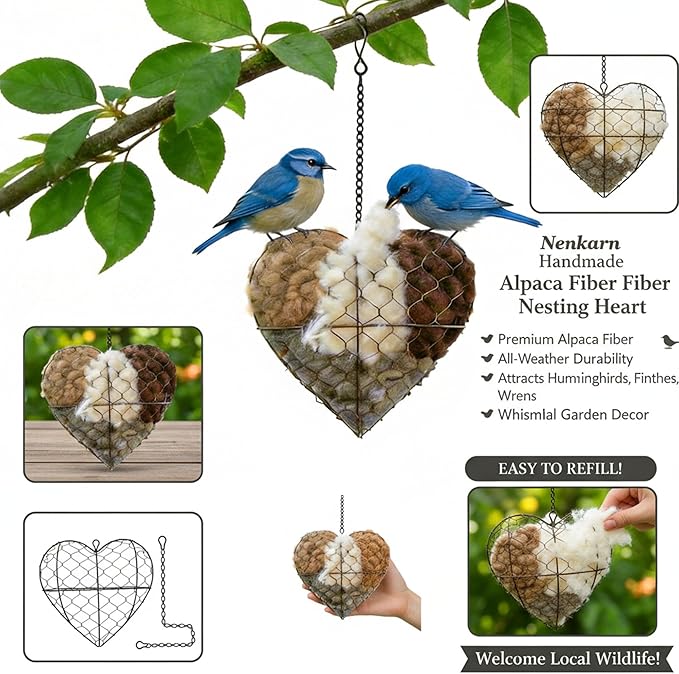 Handmade Alpaca Fiber Bird Nesting Heart - Weather Resistant Wild Bird Nesting Material Holder with Refillable Soft Fibers and Hanging Chain for Hummingbirds, Finches & Wrens (7.1*7.1*2.8in)