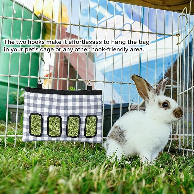 Rabbit Hay Feeder Bag, Large Capacity Rabbit Hay Bag Small Animal Hanging Hay Bag 600D Oxford Cloth Bunny Hay Feeder Bag for Rabbits Guinea Pigs Chinchillas (Plaid-4 Holes-1Pcs)