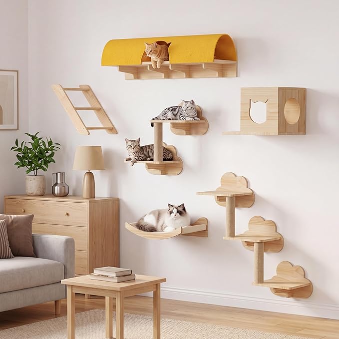 Cat Wall Shelves with Tunnel, 12-in-1 Solid Wood Wall Mounted Cat Furniture with Scratching Post, Cave & Steps, Multi-Level Cat Climbing Wall Systems, Space Saving, Floating Cat Shelves