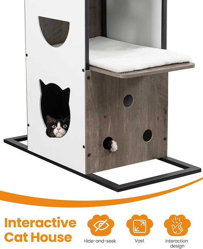 Wood Cat Tree Tower, 84 Inch Modern Extra Tall Cat Condo Trees for Indoor Cats Large Adult, XL Multi-Level Heavy Duty Wooden Sturdy Cat House Furniture with Platform Perch Bed Scratching Post