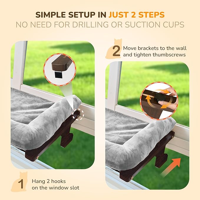 [Ready to Gift] PURRHOUSE Cat Window Perch with Cushion Bolster and Cool Pad, Cat Hammocks for Windows with Wood & Robust Metal Frame for Large Cats, Beds for Windowsill, Bedside and Cabinet,24''W