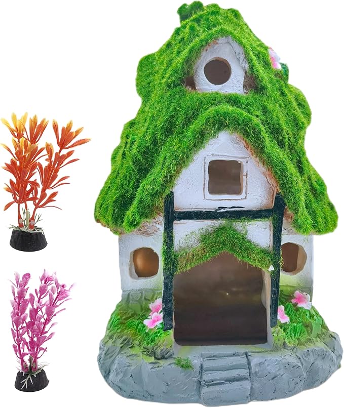 M2cbridge Aquarium Decorations Fish Hideout House Betta Cave Landscape Garden Decoration with Green Lifelike Moss (Garden Shed)