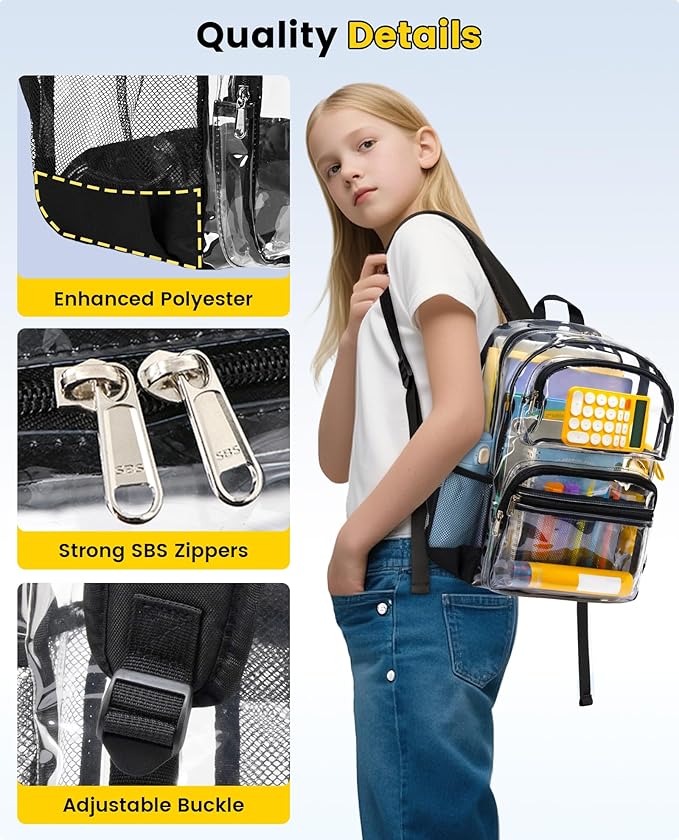 Vorspack Clear Backpack for School - Heavy Duty See Through Bookbag for Girls Boys Large Transparent Backpacks for Work, Travel - Black