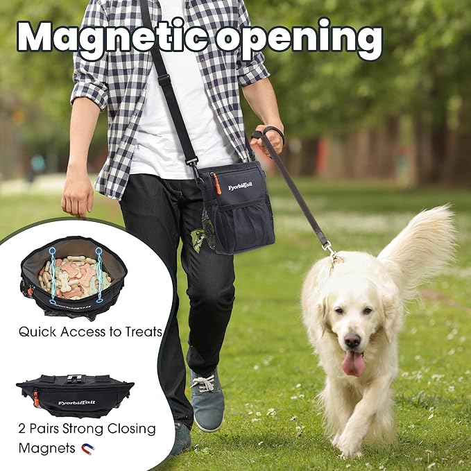 Dog Treat Pouch, 4 Cup Waterproof Dog Training Bag, Hands-Free 3 Ways to Wear, Magnetic Closure, Multi-Pocket, with 2 Rolls Poop Bags (Black)
