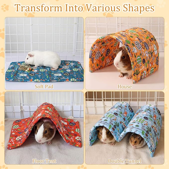 BreezeHug 4 Pcs Guinea Pig Tunnel Foldable Rabbit Hideout Washable and Soft Bunny Hide House Ferret Tunnel Toys Cage Accessories for Small Animal Hamster Hedgehogs Chinchilla(Doodle Forest)