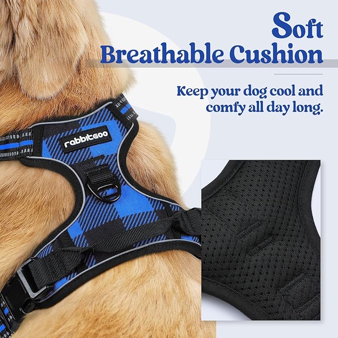 rabbitgoo Dog Harness No-Pull, Comfortable Padded Plaid Harness with Handle Easy Control, Adjustable Reflective Pet Vest with 2 Leash Clips for Small Dog, Blue Plaid, S