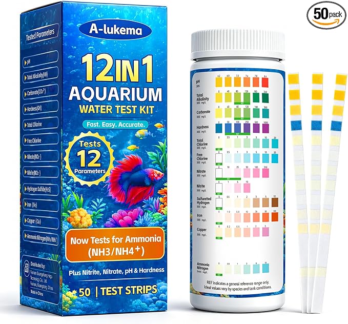 12-in-1 Aquarium Test Strips for Ammonia, 50ct Fish Tank Water Testing Kit | Aquarium Water Test Kit, Fish Tank Test Strips and Water Test Kit for Fish Tank; Detects Hydrogen Sulfide, Nitrate and More
