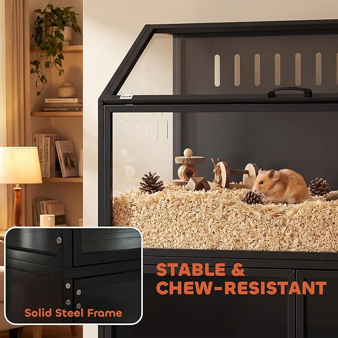 PawHut Hamster Cage with Storage Cabinet, Small Animal Cage with Openable Top and Easy-View Acrylic Panels, Large Guinea Pig Habitat for Rat, Hedgehog and Gerbil, 41" x 16" x 40" H, Black
