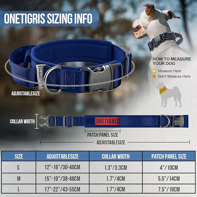 OneTigris Tough Dog Collars, Tactical Dog Collar with Handle, Milltary Adjustable Dog Collar with Heavy Duty Metal Buckle for Training (Blue, S)