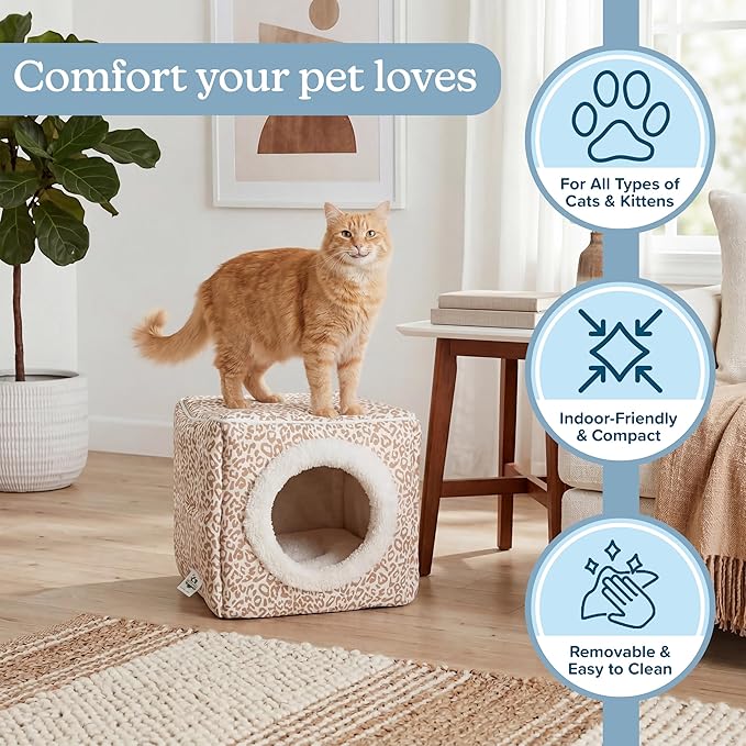 Cat Pet Bed Cave- Indoor Enclosed Covered Cavern/House for Cats Kittens and Small Pets with Removable Cushion Pad by PETMAKER, Tan/White Animal Print 13x12x12