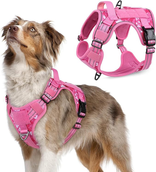 rabbitgoo Tactical Dog Harness for Large Dogs, No Pull Military Service Vest with Handle & Molle, Easy Control for Training Walking, Adjustable Reflective Straps, Black & Rose Red, S