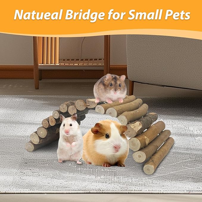 Hamiledyi Wooden Hamster Bridge Ladder 13.4" L x 7.5" W Large Climbing Toy Natural Hideout Tunnel Ramp Hamster Cage Accessories for Rabbits Guinea Pigs Ferret Tortoise Reptile (Pack of 2)