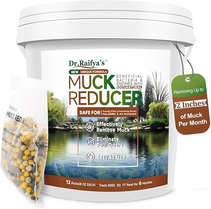 Dr.Raifya's Muck Reducer, Sludge & Odor Treatment for Ponds & Lakes - 6 LB | All-in-One Enhanced Cleaning Power, Natural Beneficial Bacteria & Enzyme, Fish, Pet & Wildlife Safe, Treats Up to 48000 Sq Ft