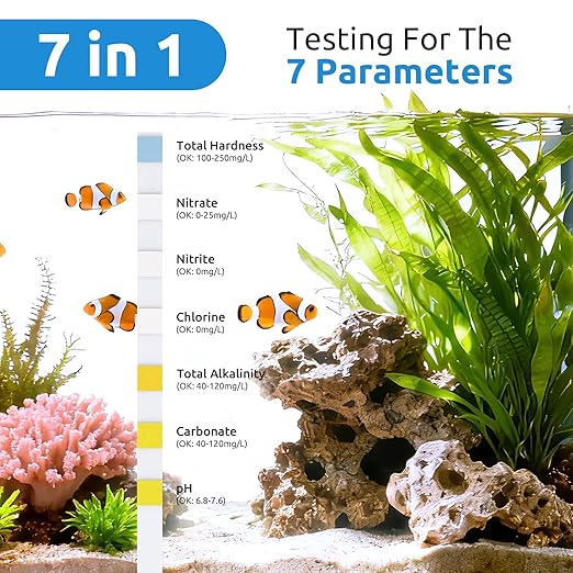 SEAOURA 7-in-1 Aquarium Test Kit for Fish Tanks - 135 Strips Water Testing Strips for Aquariums & Ponds Accurate Testing Nitrate，Nitrite，Chlorine，Hardness，Alkalinity，Carbonate，pH