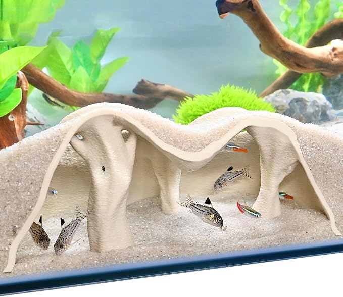 Aquarium Underground Cave Natural Mangrove Tree | Viewing Fish Under Gravel Tunnel Hide | Fish Tank Hideout Decor Decoration Enrichment for Corydora Catfish, Kuhli Loach, Pleco, Betta (Bone White)