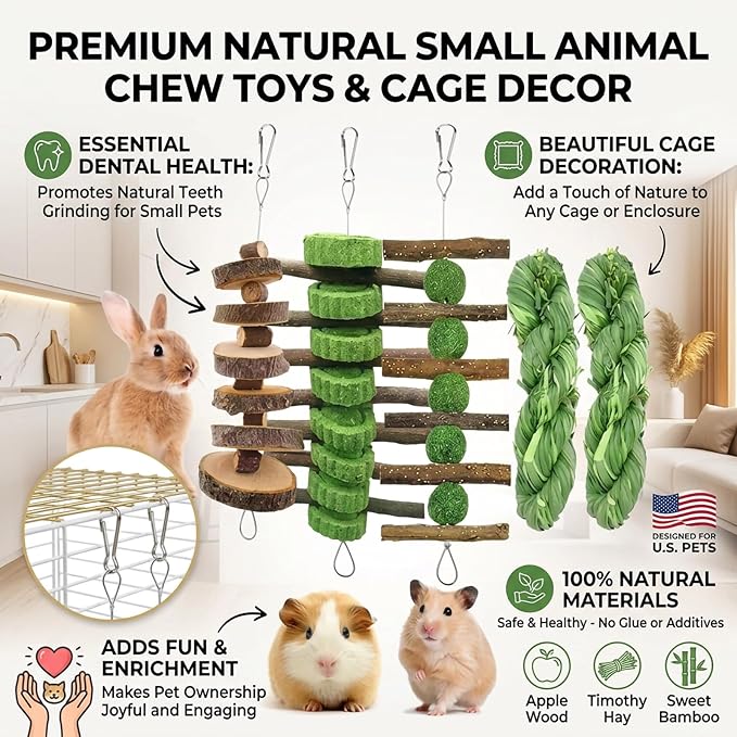 5pcs Rabbit Toys,Bunny Chew Treat for Teeth Grinding,Hanging Timothy Hay Ball +Apple Stick Wood +Alfalfa Grass Cake Food Snack for Cage Guinea Pig Chinchilla Hamster Squirrel Gerbil Rat Parrot