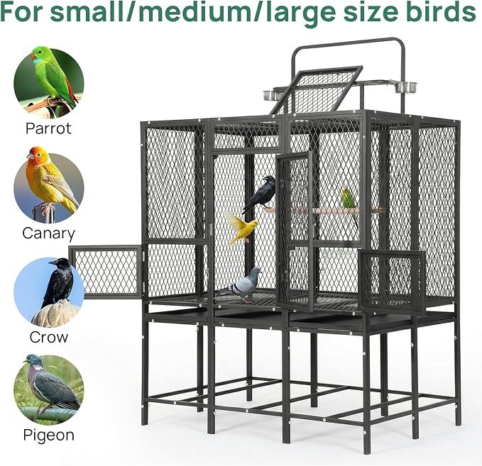 44" W X 65" H Massive Bird Cage with Playtop, Extra Wide Heavy Duty Carbon Steel Flight Cage, Rust-Proof Panoramic Aviary for Parrots Cockatiels, Strong Diamond Mesh, Indoor Outdoor