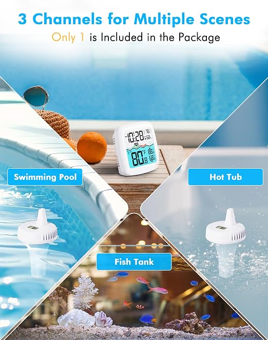 Pool Thermometer Floating Easy Read, IPX8 Waterproof Wireless Digital Thermometer with Indoor Thermometers for Swimming Pool, Spa, Aquarium, Cold Plunge, Hot Tub, Pond