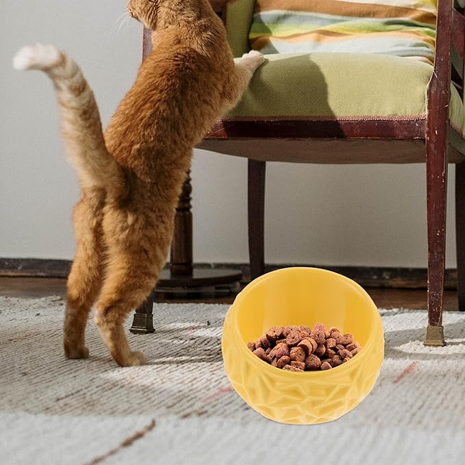Milisten Ceramic Cat Bowl with Anti-tip Design, Yellow Geometric Kitten Feeding Dish, Sturdy Household Cat Feeder for Indoor Pets