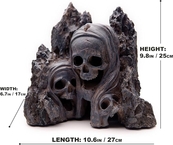 Allcolor Aquarium Skull Rock Decor, Skull Canyon for 10+ Gallon Tanks | A three-skull canyon centerpiece combines dark fantasy character with rugged rock texture.