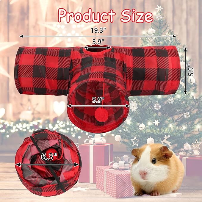 YUEPET Guinea Pig Tunnel and Tube Collapsible 3 Way Guinea Pig Hideout with Classic Christmas Style, Small Animal Tunnel for Guinea Pig Ferret Hamster Chinchilla