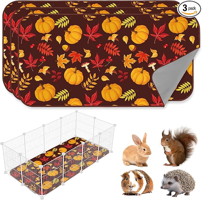 JarThenaAMCS 3 Pcs Guinea Pig Cage Liner Reusable Bunny Squirrel Mat Fall Maple Leaves Pumpkin Washable Small Animal Pee Pads for Autumn Rabbit Hamster Chinchilla Ferret Accessory, 24 x 47 in