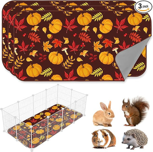 JarThenaAMCS 3 Pcs Guinea Pig Cage Liner Reusable Bunny Squirrel Mat Fall Maple Leaves Pumpkin Washable Small Animal Pee Pads for Autumn Rabbit Hamster Chinchilla Ferret Accessory, 24 x 47 in