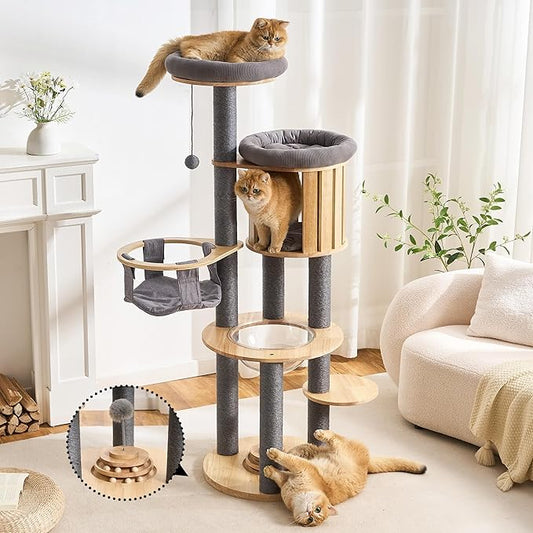 797Audio Wood Modern Cat Tree, 61.5" Cat Tower with Sisal Scratching Posts, Cat Condo, Capsule, Hamnock and Spinner Toy,Solid Wooden Aesthetic Multi-Level Cat Climbing Tree for Adult Indoor Cats-Gray