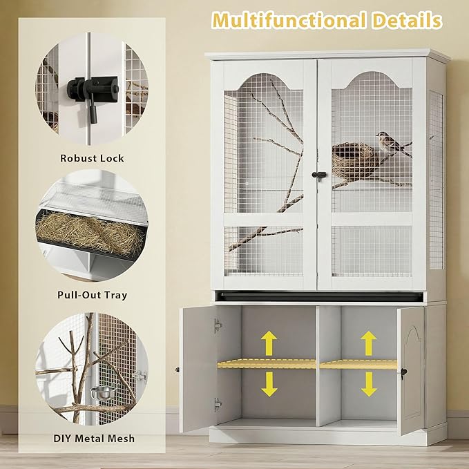 Large Bird Cage with Adjustable Storage Cabinet, White Flight Parakeet Parrot Cage with Pull-Out Tray and 3-Side Iron Mesh Design, DIY-Friendly, Tall Wide Bird Cages for Cockatiels, Finches