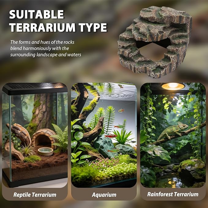 Large Reptile Hide and Basking Platform, Resin Rock Cave for Geckos, Frogs, Turtles and Lizards
