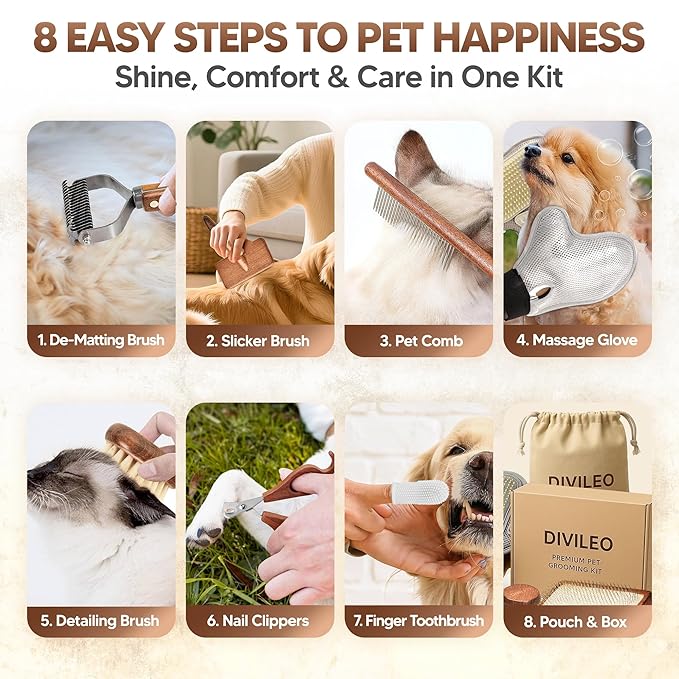 Premium Waterproof Pet Grooming Kit for Dogs & Cats – Wooden Handle Slicker Brush, Deshedding Comb & Nail Clipper – Professional Dog Grooming Supplies Set with Canvas Pouch | USA Brand