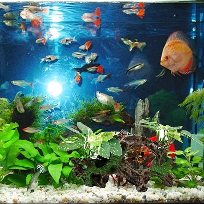 alfyng Resin Driftwood Fish Tank Decorations Trunk Cave Aquarium Decor Ornaments Simulation Plants Betta Silk Leaf Tank Accessories Goldfish Bowl Décor (B)