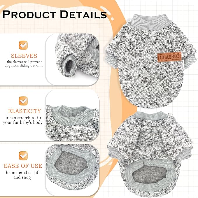 2 Pieces Dog Sweaters for Small Dogs Fall Dog Clothes Male Winter Fleece Dog Sweaters Warm Thick Pet Outfit Small Dog Sweater for Boy Girl Dogs, Chihuahua, Pug, Bulldog, Pug, M, Grey Navy