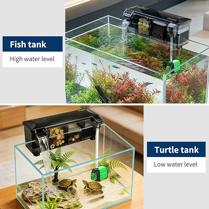 Hang-on-Back Aquarium Filter Box with Reusable Filter Media, Waterfall Oxygenation, Fits High & Low Water Level, for 1-5 Gallon Fish & Turtle Tank (Pump Not Included)