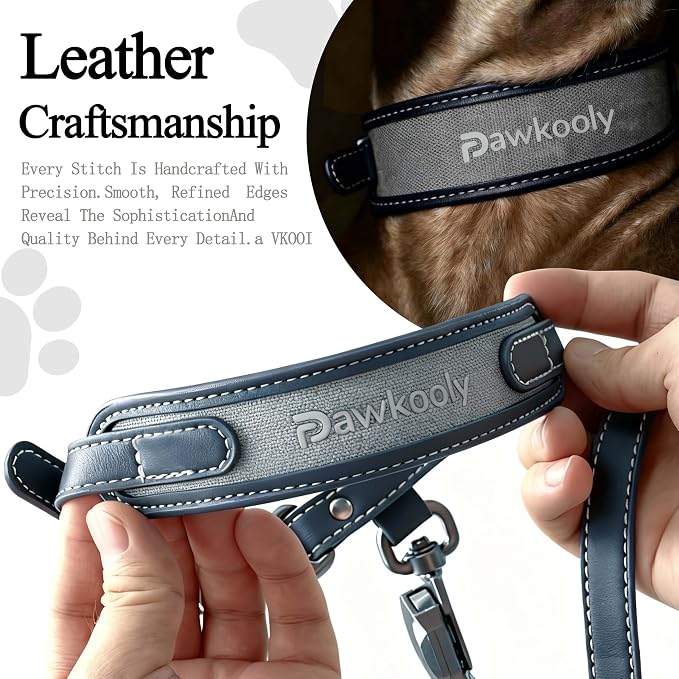 MagEase Dog Collar with 4FT Leash | Adjustable | Anti-Wrinkle, Bite & Stain-Resistant Leather | Soft & Skin-Friendly | 450LB Escape-Proof Magnetic Buckle (Navy Blue, Large)