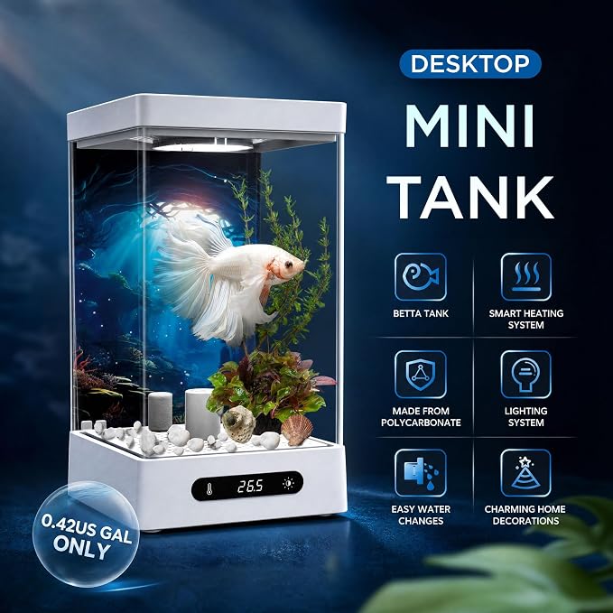 Small Shrimp Tank, 0.42 Gal Mini Fish Tank, Smart Automatic Heating, Easy Water Change Valve, and Energy-Efficient LED Lighting - Perfect for Office, Home, and Bedrooms, Single Betta Fish Only