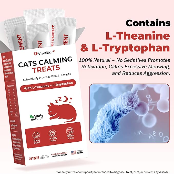 Cat Calming Treats – Natural Stress, Anxiety & Shock Relief for Cats – Featuring L-Theanine, L-Tryptophan & Catnip – 100% Veterinarian Formulated, 30 Likable Gel Tubes for Quick Calm & Relaxation