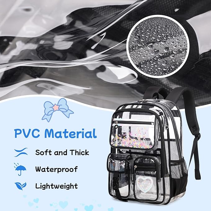 MOONBABY Clear Backpack for Girls, Clear Bookbag Heavy Duty Transparent Backpack for Stadium Events, See Through Back Pack for Kindergarten Elementary Middle High School, Black