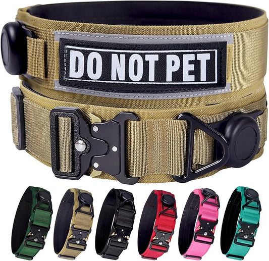 AirTag Dog Collar, 2" Wide Tactical Military Army Dog Collar with AirTag Holder & 3 Pet Patches, Soft Padded Reflective Waterproof Nylon Collar with Metal Buckle for Medium Dogs (Khaki, M)