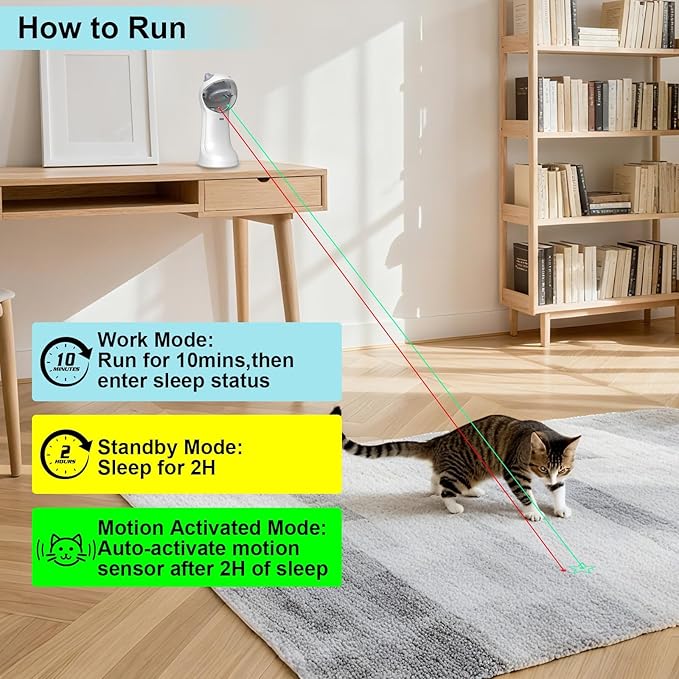 Waputne Automatic Cat Toy, Motion-Activated Interactive Cat Toy - 5 Fun Patterns, 4 Speed Modes, Adjustable Light Angles, Random Rotating Trajectory, Rechargeable(Red Dot + Green Star)